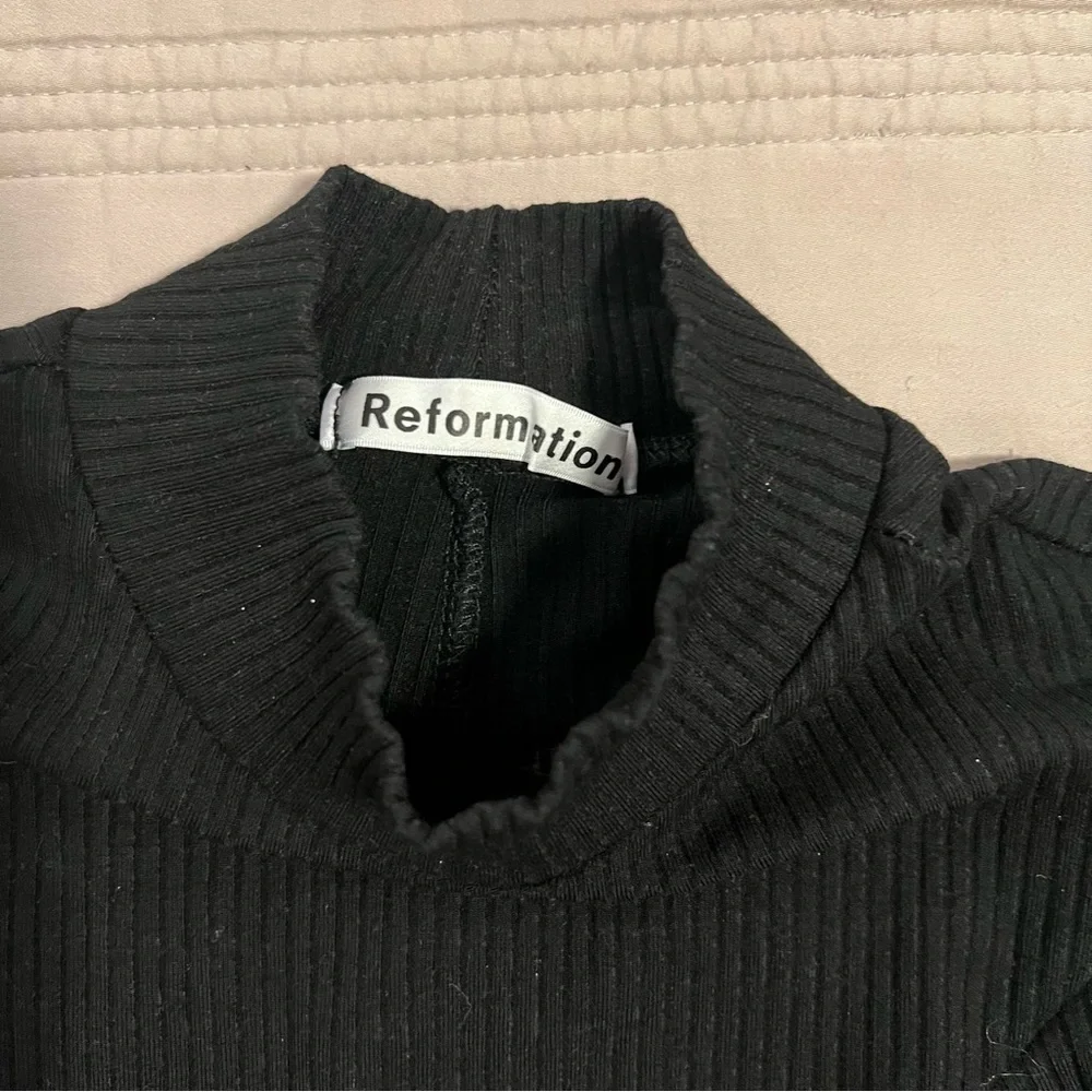 Reformation Black Chapel Ribbed Long Sleeve Ruffle Dress mock neck - Picture 3 of 7